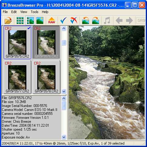 Плёночный режим BreezeBrowser Pro с крупной фотографией, миниатюрами и EXIF