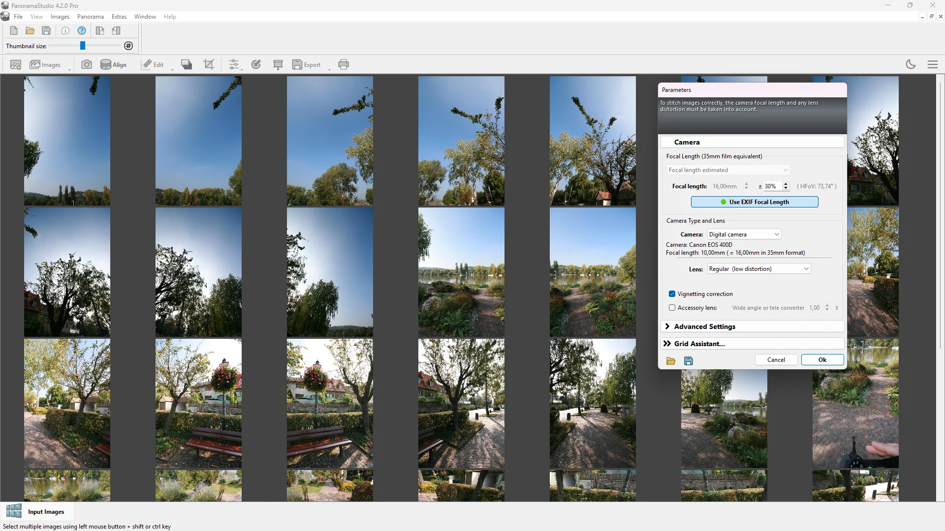 PanoramaStudio 4 Pro: входные изображения и параметры камеры и объектива