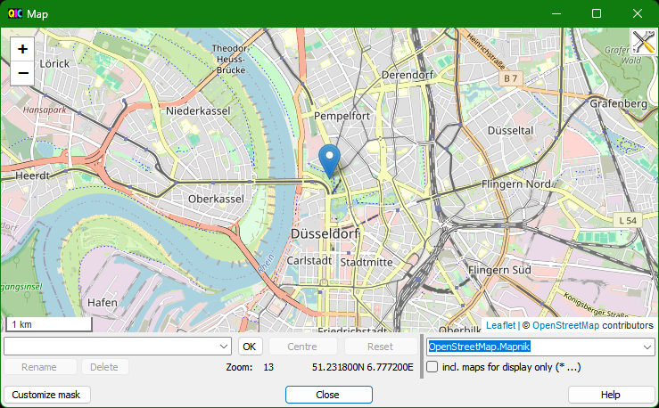 Окно Map QuickImageComment с OpenStreetMap и маркером GPS