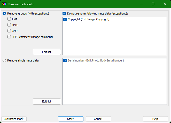 Диалог удаления EXIF, IPTC, XMP и отдельных метаданных в QuickImageComment
