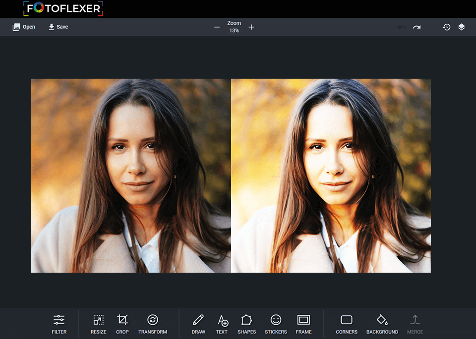 Рабочее окно FotoFlexer с холстом, верхней панелью и инструментами