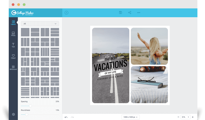 Раздел Layout в FotoJet Collage Maker с выбором фотосетки, интервалов и скругления