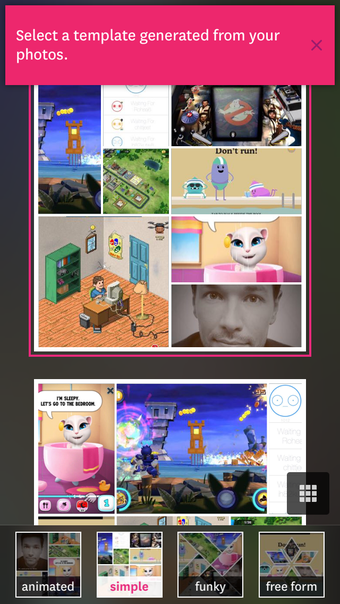 Экран Templates в Fuzel Collage с категориями Animated, Simple, Funky и Free Form