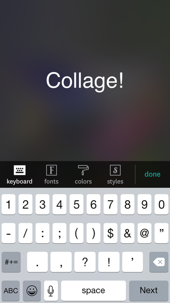 Текстовый редактор Fuzel Collage с вкладками Keyboard, Fonts, Colors и Styles