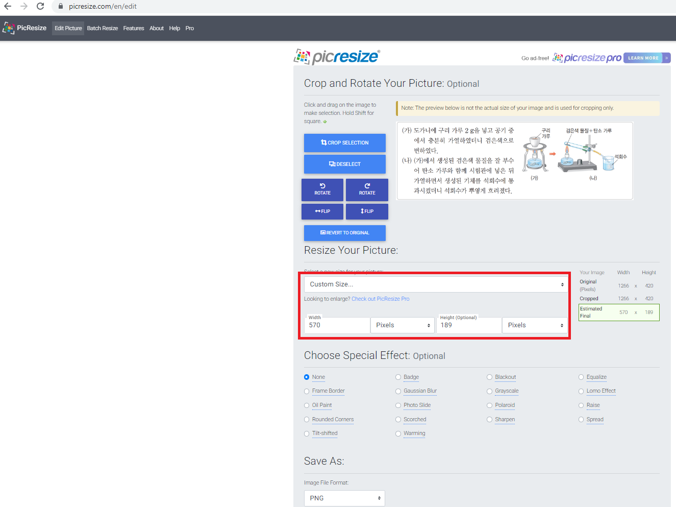 Полный экран PicResize с Custom Size, списком специальных эффектов и выбором формата PNG