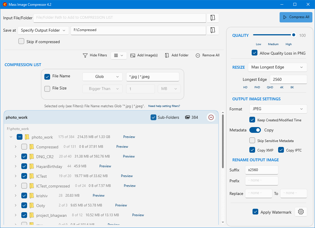 Список папок и фильтры Mass Image Compressor 4.2 в Windows