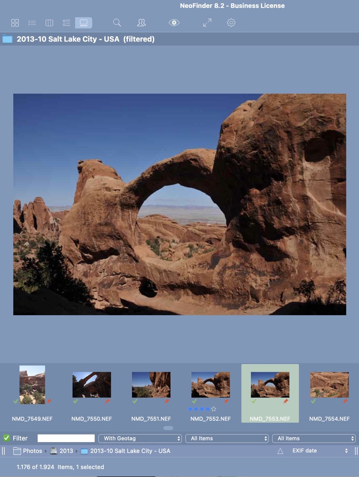 Режим Gallery View в NeoFinder с крупным предпросмотром и лентой миниатюр