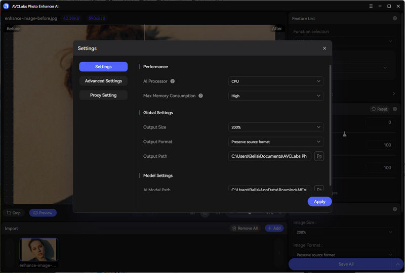 Общие настройки AVCLabs Photo Enhancer AI с выбором процессора и путей