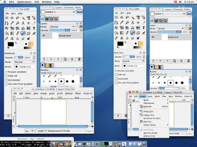 GIMPshop в старом Mac OS X с отдельными окнами Toolbox, Layers и изображения