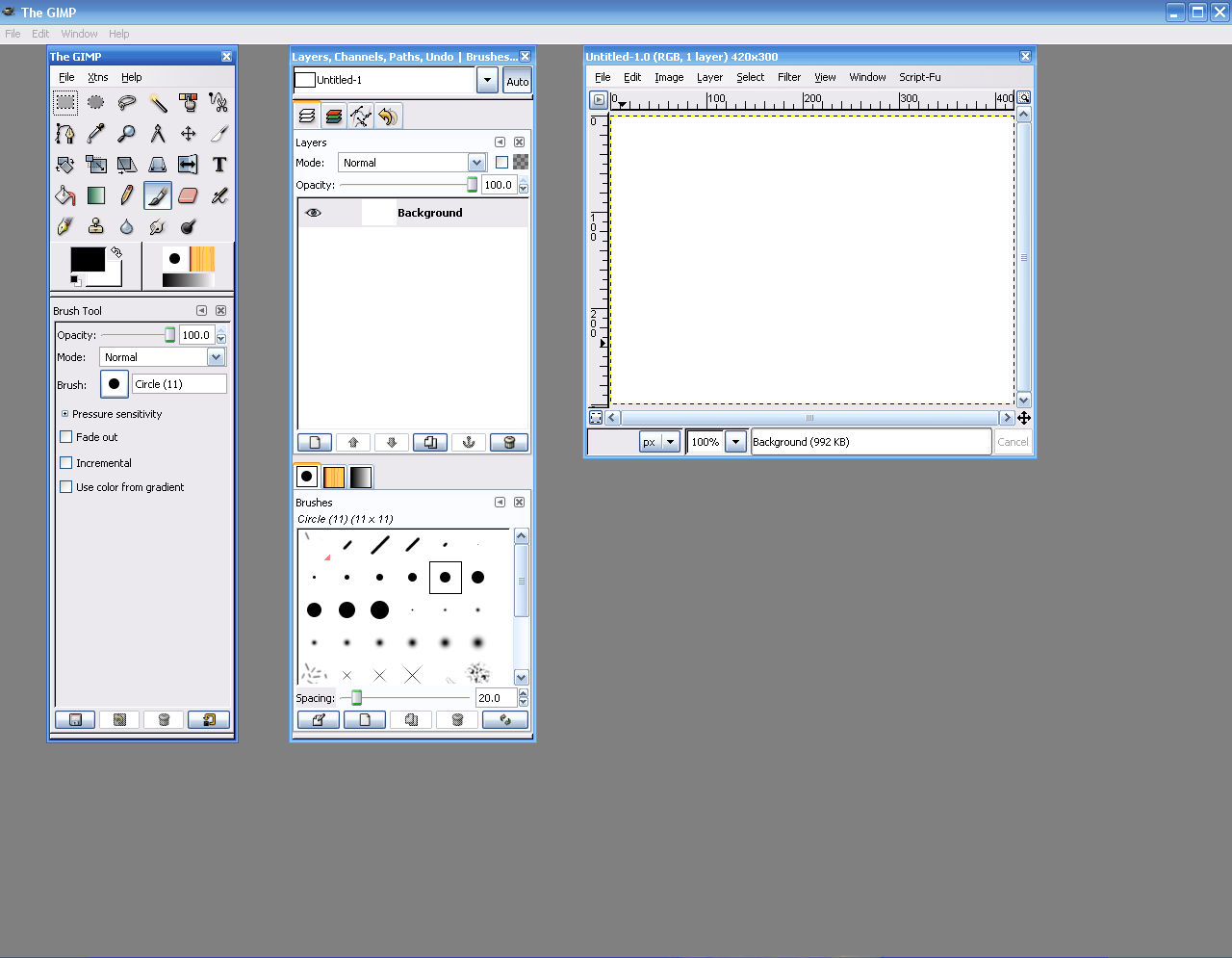 Интерфейс GIMPshop 2.2.8 в Windows XP с панелью инструментов, доками и окном изображения