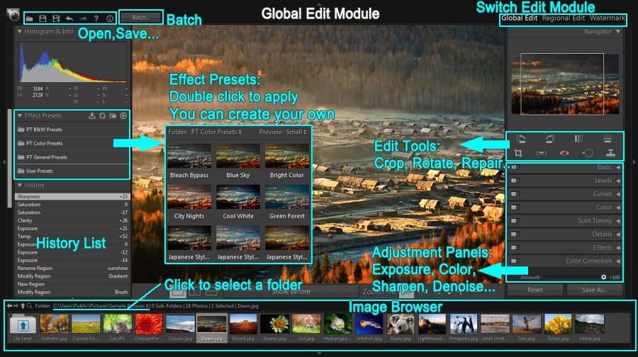 Интерфейс Global Edit в PT Photo Editor с браузером изображений, пресетами и панелями коррекции