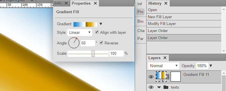 Панель Properties для Gradient Fill и панель Layers в Photopea