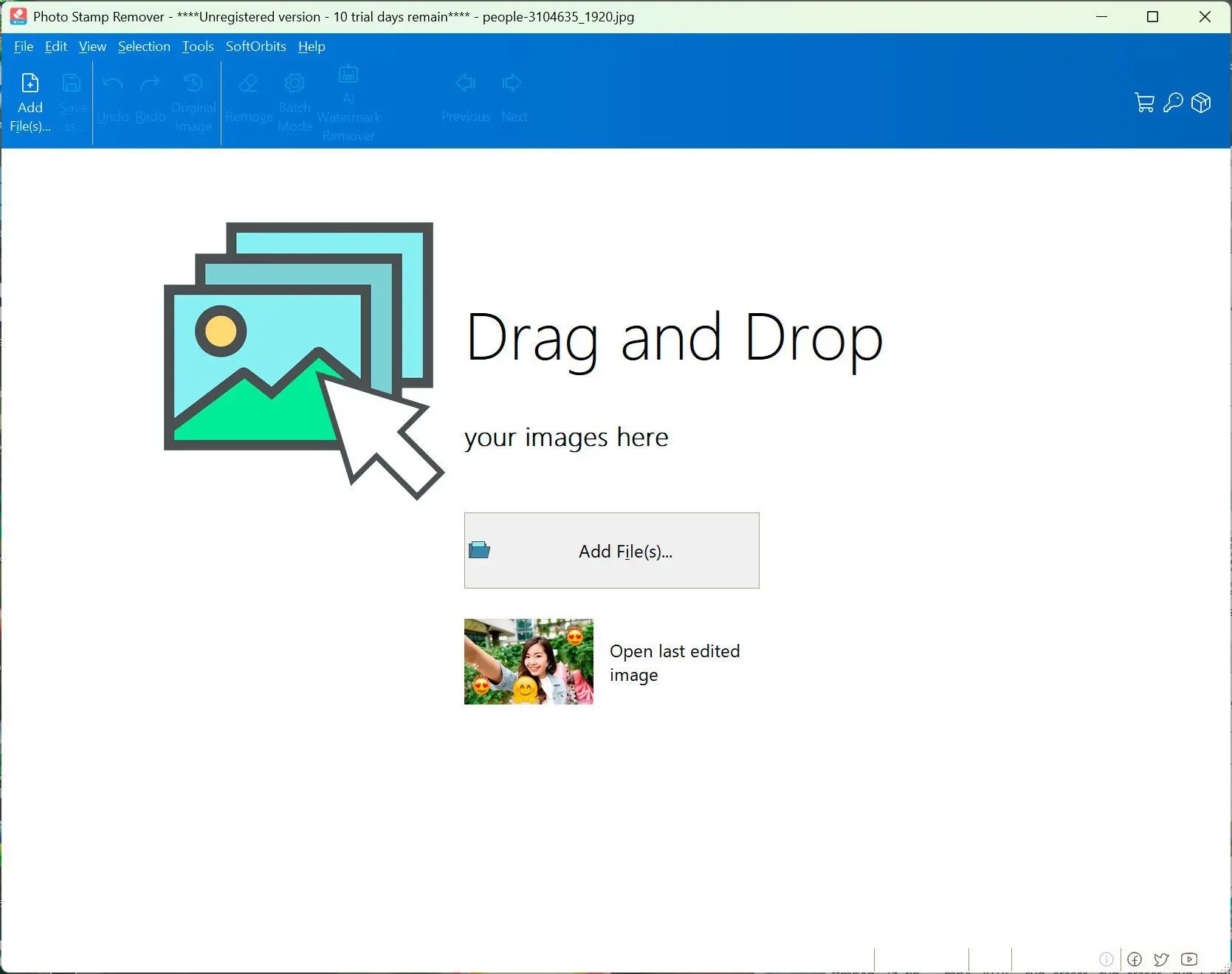 Стартовое окно Photo Stamp Remover с областью Drag and Drop и кнопкой Add File(s)