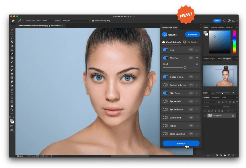 Интерфейс Retouch4me Photoshop Panel внутри Photoshop