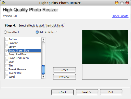 Экран выбора эффектов High Quality Photo Resizer с кнопками Reset и Preview
