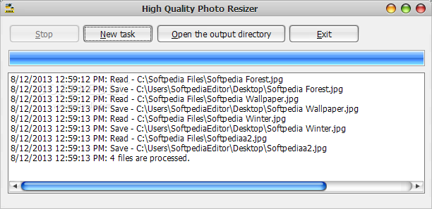 Финальное окно High Quality Photo Resizer с журналом чтения и сохранения файлов