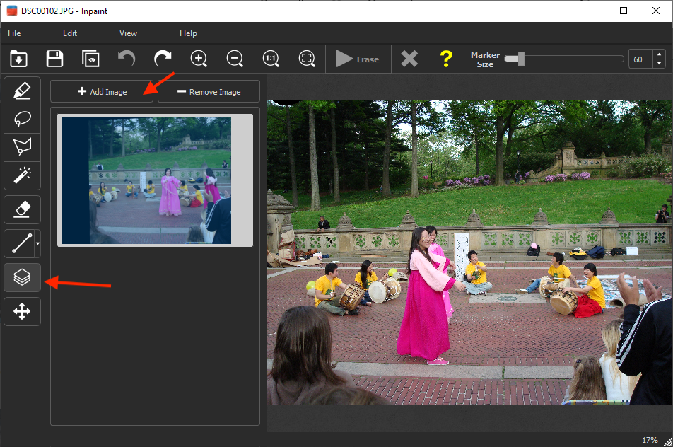 Режим MultiView Inpaint с основным кадром и дополнительным изображением слева