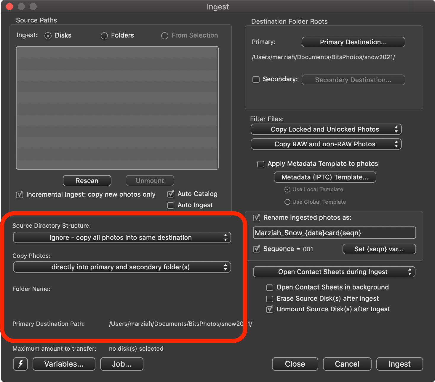Настройка структуры папок и двух назначений в Ingest Photo Mechanic Plus