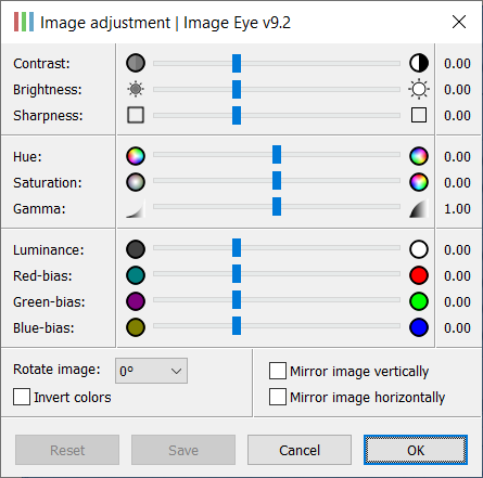 Диалог Image adjustment с ползунками яркости, контраста, резкости, оттенка и цветовых каналов