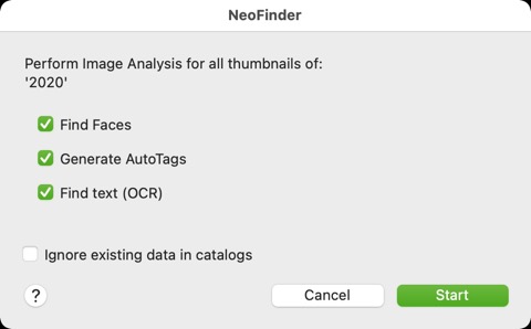 Окно Image Analysis NeoFinder с функциями Find Faces Generate AutoTags и Find text OCR