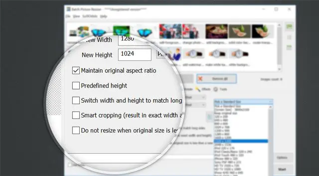 Параметры изменения размера и Smart cropping в Batch Picture Resizer