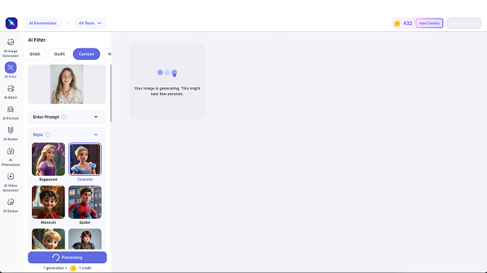 Рабочее окно AI Filter в LightX с выбором стиля и генерацией результата