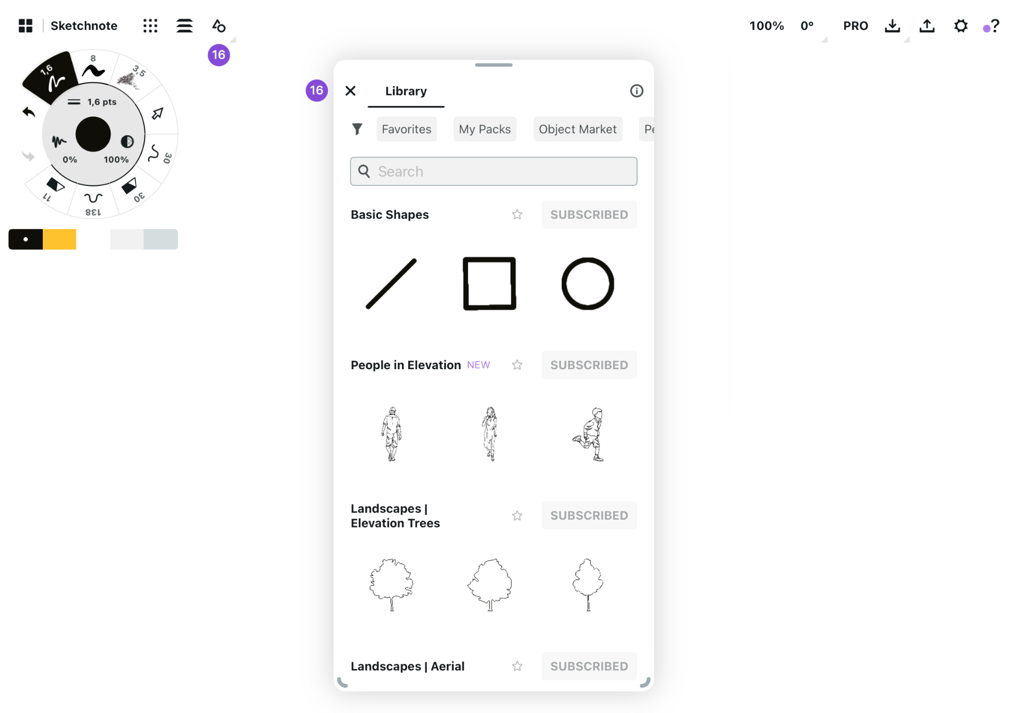 Открытая библиотека Objects в Concepts с базовыми фигурами, людьми и деревьями