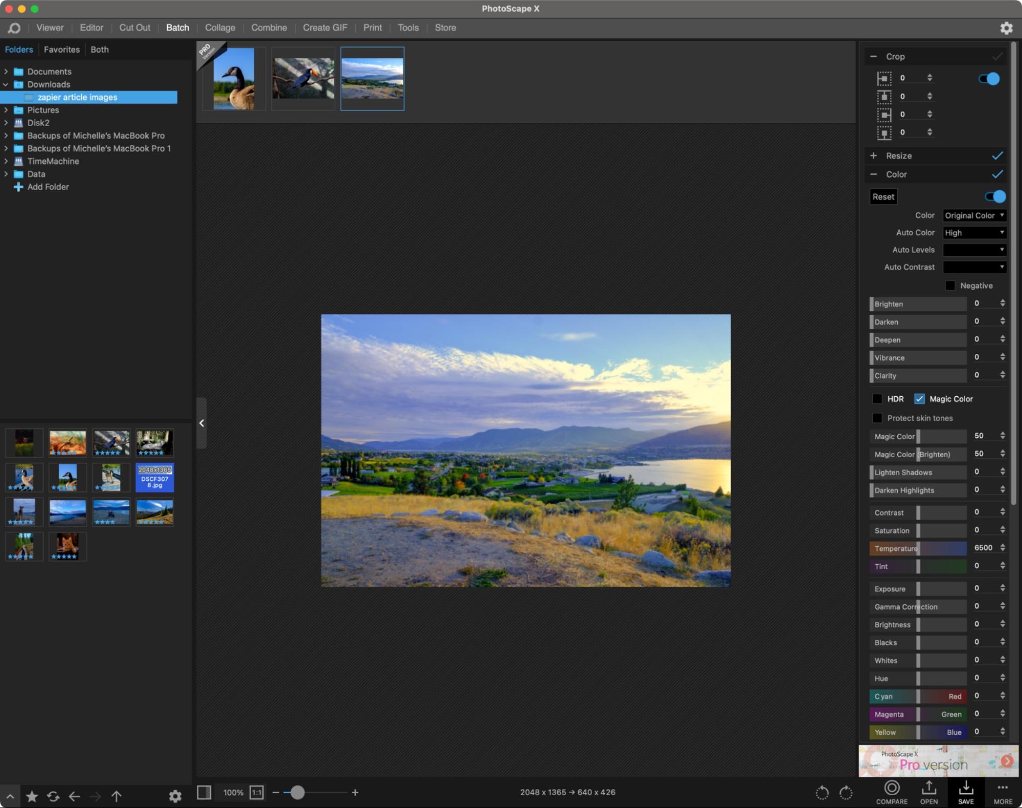 PhotoScape X на macOS с браузером папок, миниатюрами и открытой фотографией