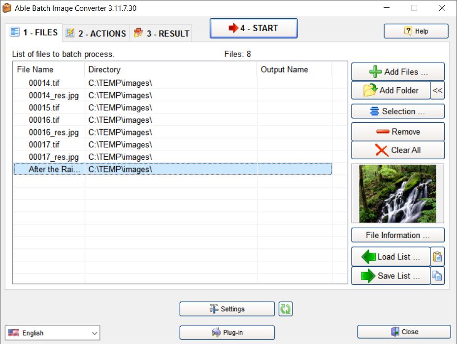 Вкладка FILES в Able Batch Image Converter со списком исходных изображений и кнопками добавления файлов и папок