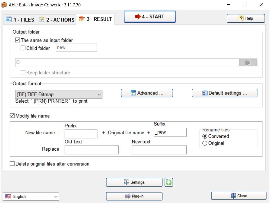 Вкладка RESULT в Able Batch Image Converter с настройками папки, формата и переименования