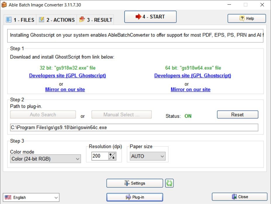 Настройка Ghostscript в Able Batch Image Converter для PDF EPS PS PRN и AI