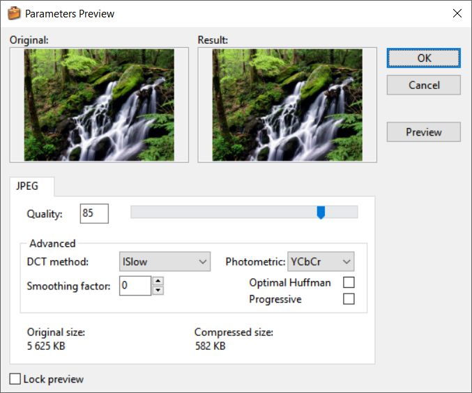 Предварительный просмотр JPEG в Able Batch Image Converter с качеством прогрессивной записью и размером файла