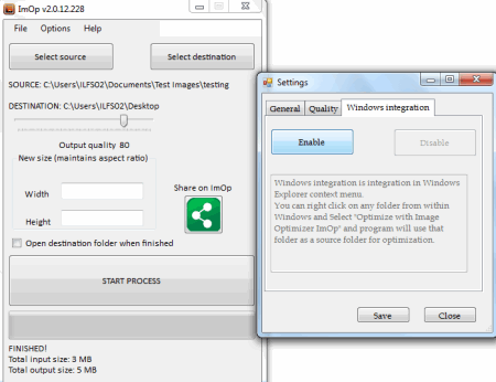 Image Optimizer ImOp версии 2.0.12.228 и окно Settings с вкладкой Windows integration
