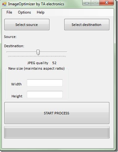 Интерфейс Image Optimizer ImOp с ползунком JPEG quality, размерами и кнопкой START PROCESS