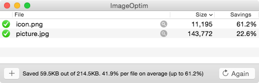 Главное окно ImageOptim со списком файлов, размером и процентом экономии
