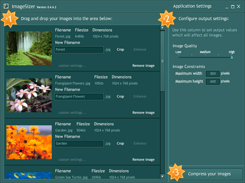Главное окно ImageSizer 0.4.6.2 со списком фотографий и настройками качества и размера