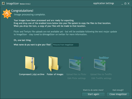 Финальный экран ImageSizer с вариантами ZIP-архива и папки изображений