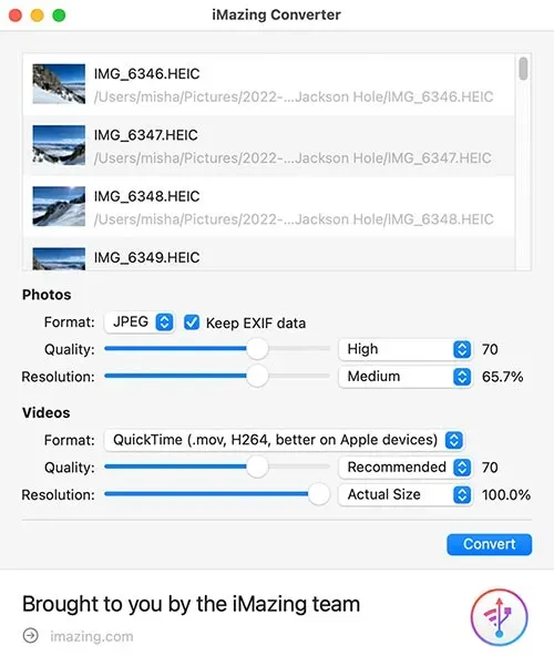 Окно iMazing Converter со списком файлов и настройками JPEG, EXIF, качества и разрешения