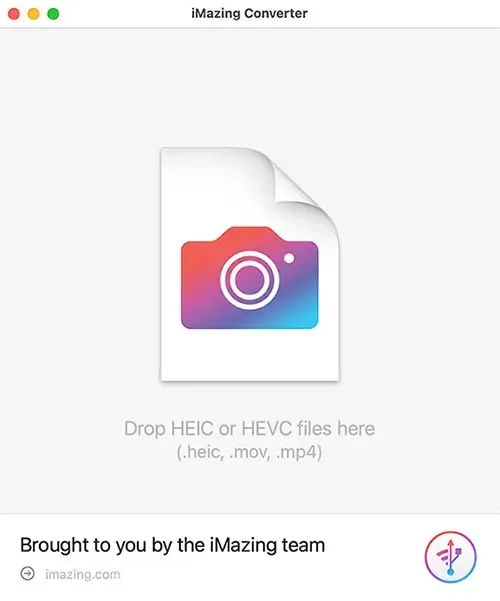 Пустое окно iMazing Converter с областью перетаскивания HEIC и HEVC файлов