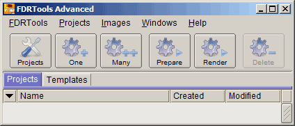 Пустой менеджер проектов FDRTools Advanced с кнопками One, Many, Prepare и Render