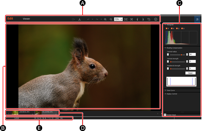 Окно Edit в Imaging Edge Desktop с фотографией, палитрами коррекции и гистограммой