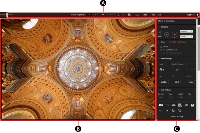 Окно Remote в Imaging Edge Desktop с Live View и панелью параметров камеры