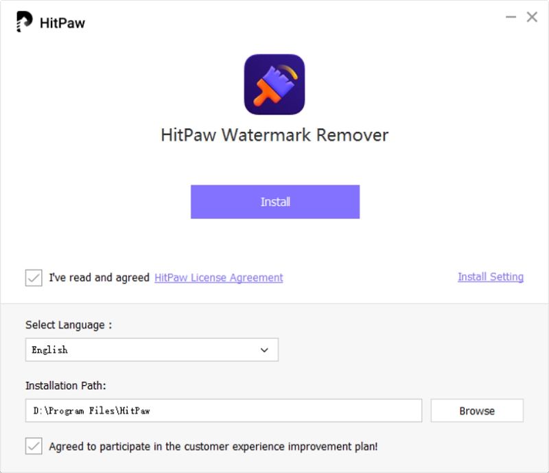 Окно установки HitPaw Watermark Remover с выбором языка и каталога