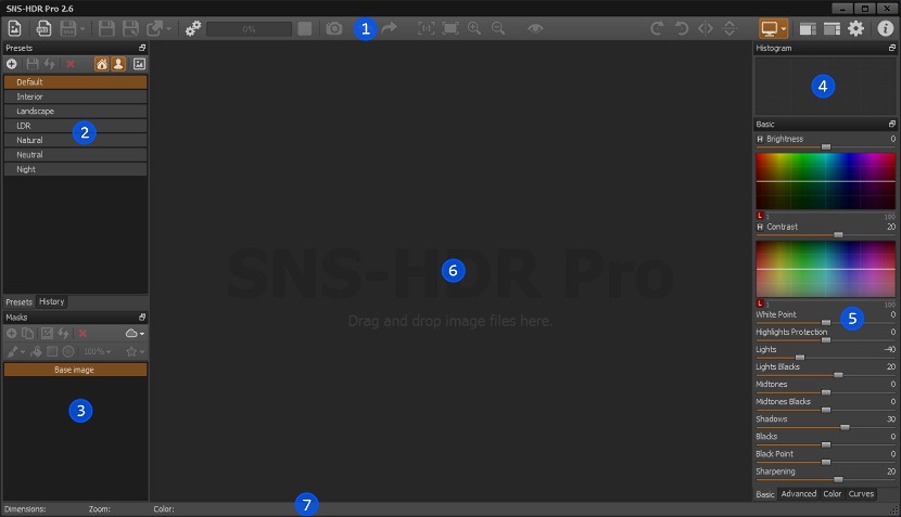 Главное окно SNS-HDR с нумерацией основных рабочих зон