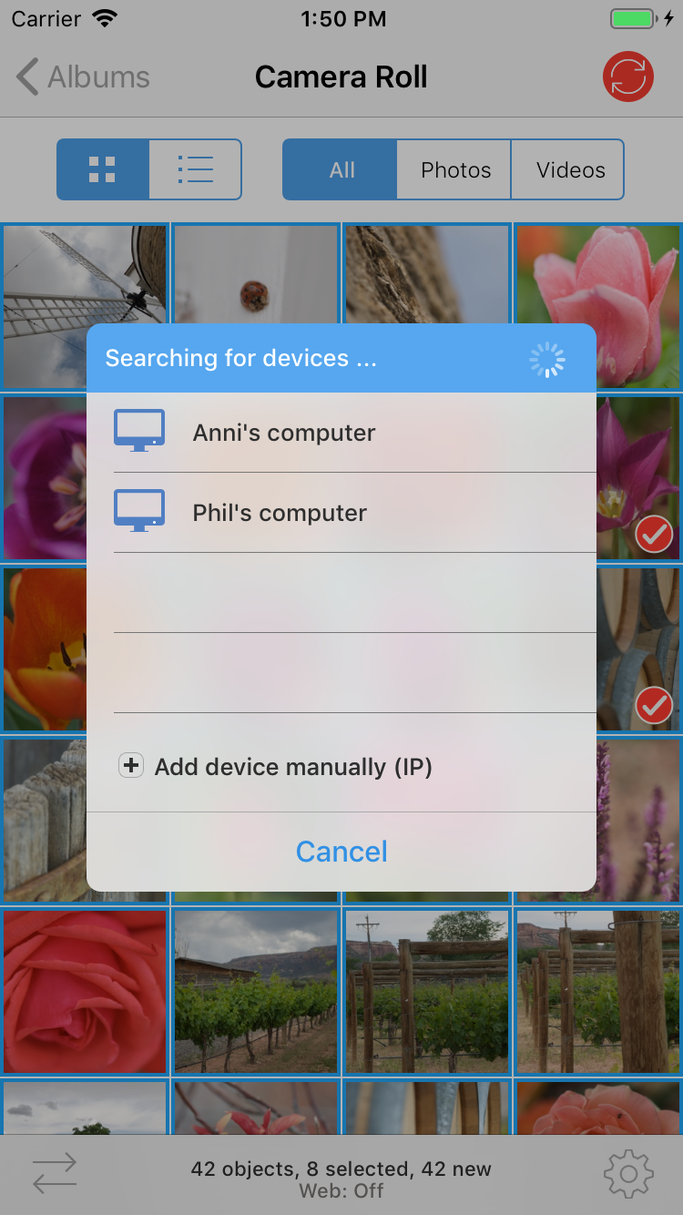 Экран выбора компьютера PhotoSync с найденными устройствами и вводом IP адреса
