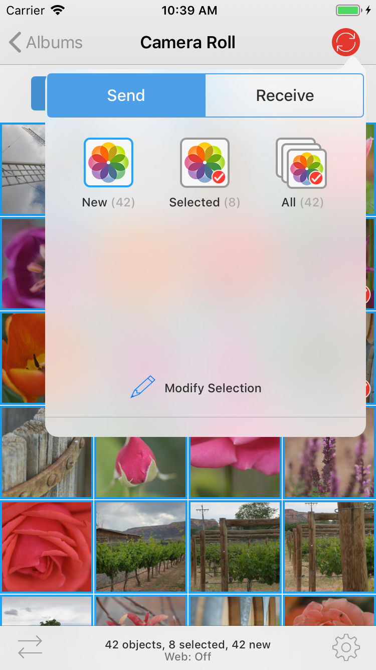 Меню Send и Receive в PhotoSync с вариантами New Selected и All