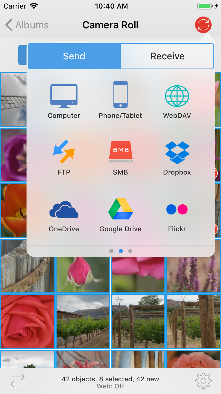 Список направлений передачи PhotoSync с компьютером WebDAV FTP SMB и облачными сервисами