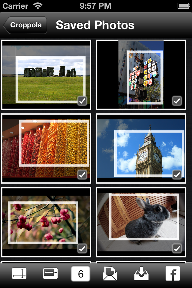 Архивный интерфейс Croppola на iPhone со списком фотографий и предложенными рамками