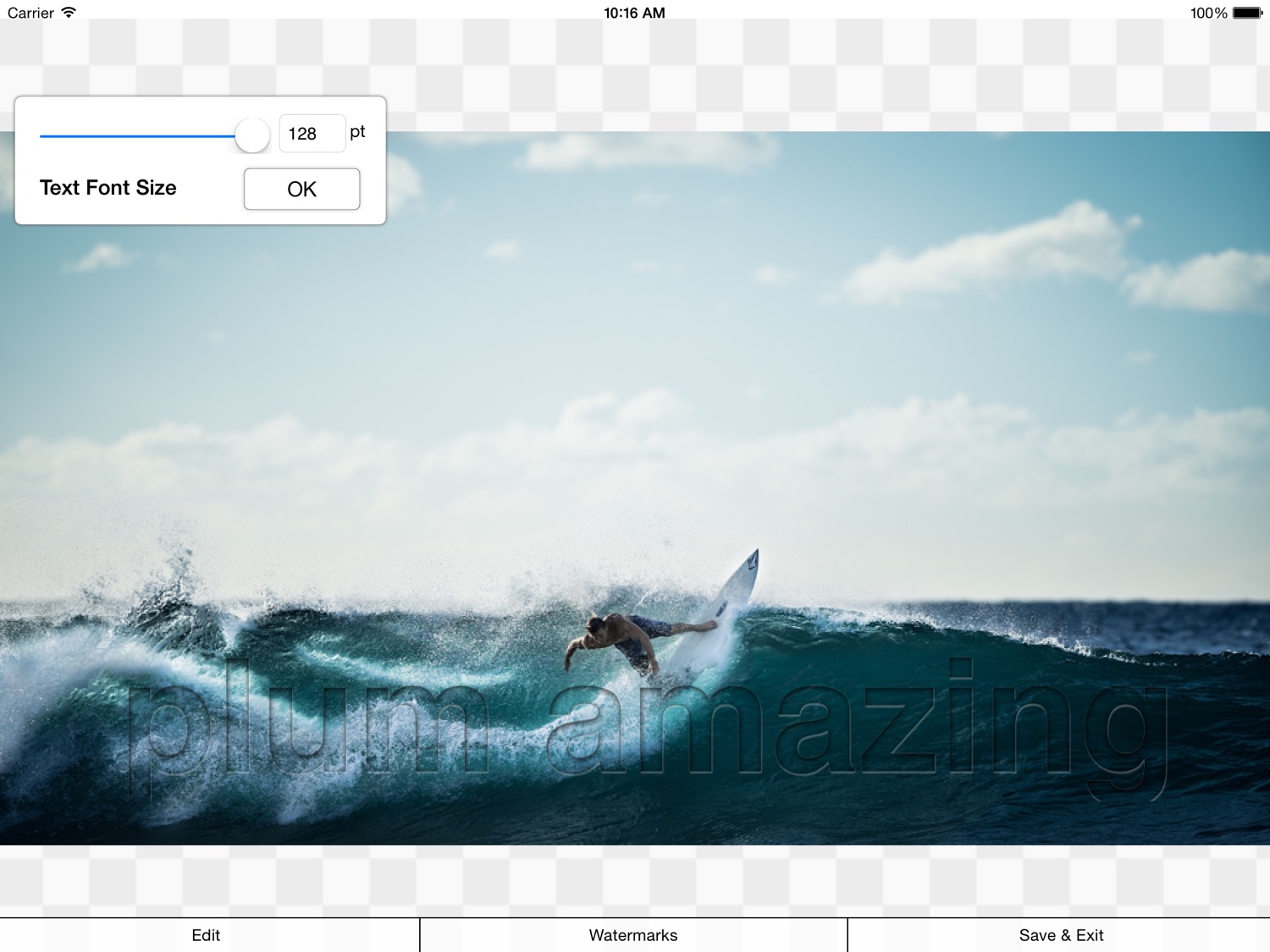 Редактирование текстового водяного знака в iWatermark на iPad