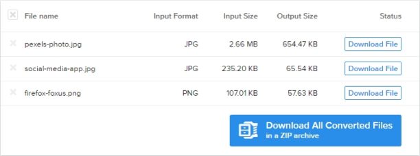 Таблица обработанных файлов JPEG.io с исходным и выходным размером